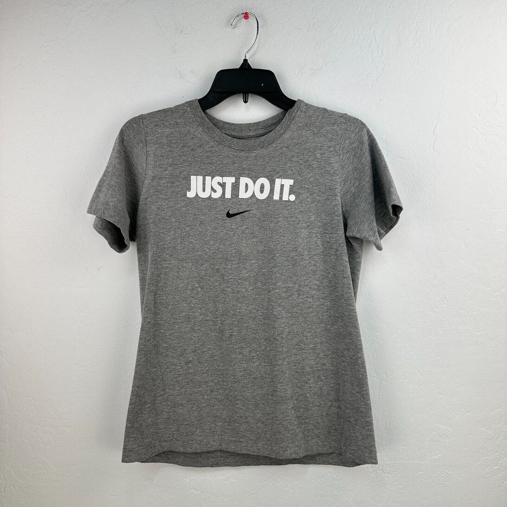Nike shirt Women L‎ Gray White Just Do It Short Sleeve Tee Heather Crew Neck